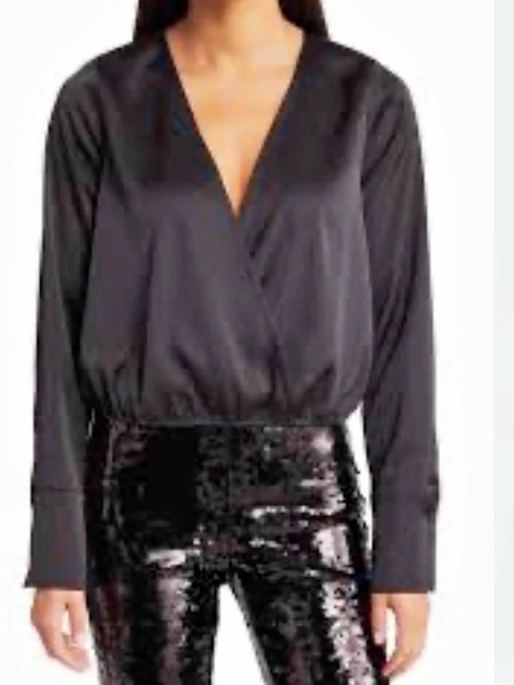 Good American Long Sleeve Washed Black Satin Wrap Front Bodysuit